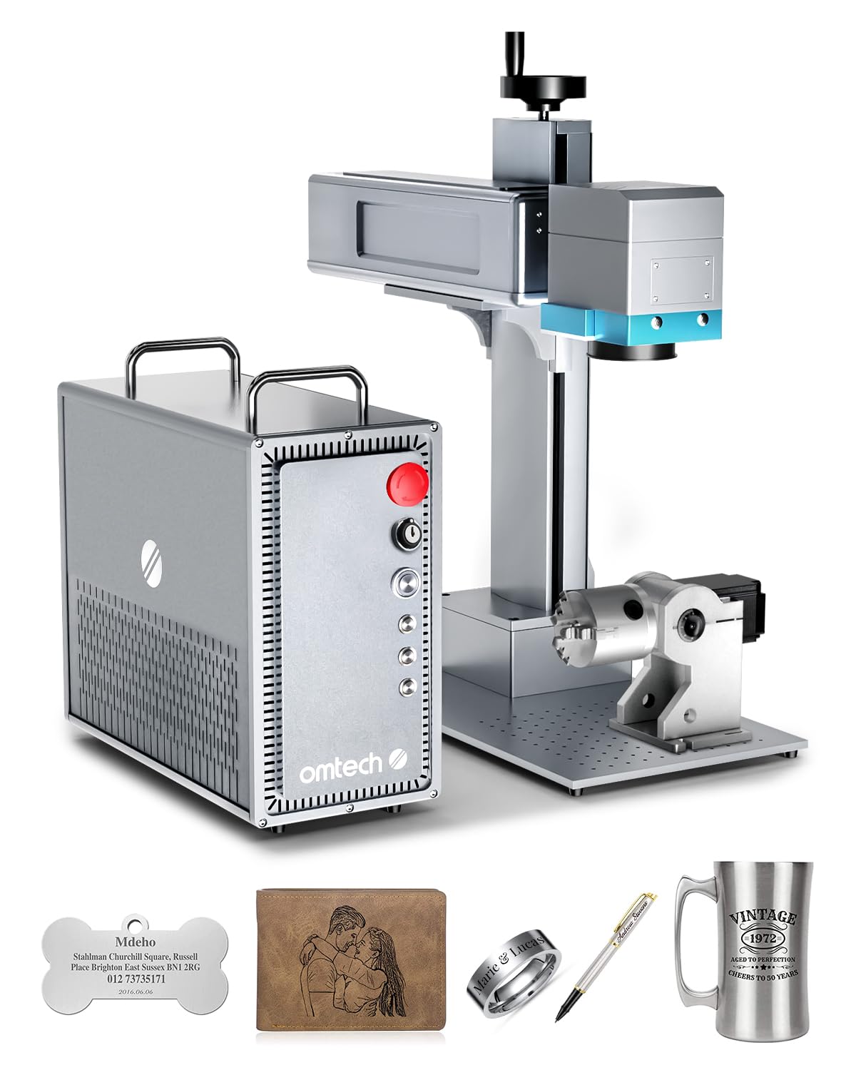 OMTech 50W Fiber Laser Engraver with Rotary Axis, LightBurn Compatible Laser Engraving Machine with Red Dot Pointer, 7.9x7.9 Solid State Laser OMTech