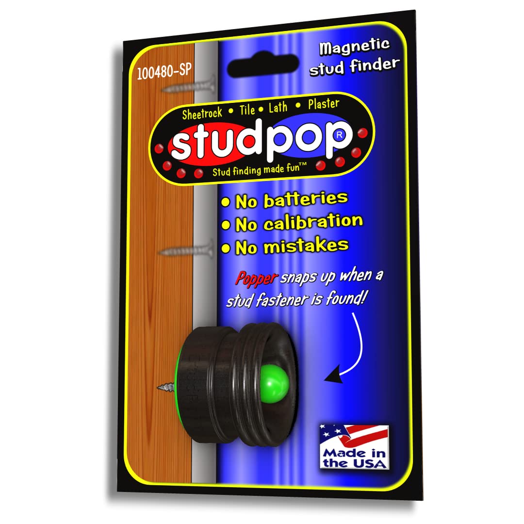 StudPoP Original Magnetic Stud Finder. Various colors. Finds metal fasteners holding the wall to the studs. 1" diam moving magnet gives an audible StudPoP