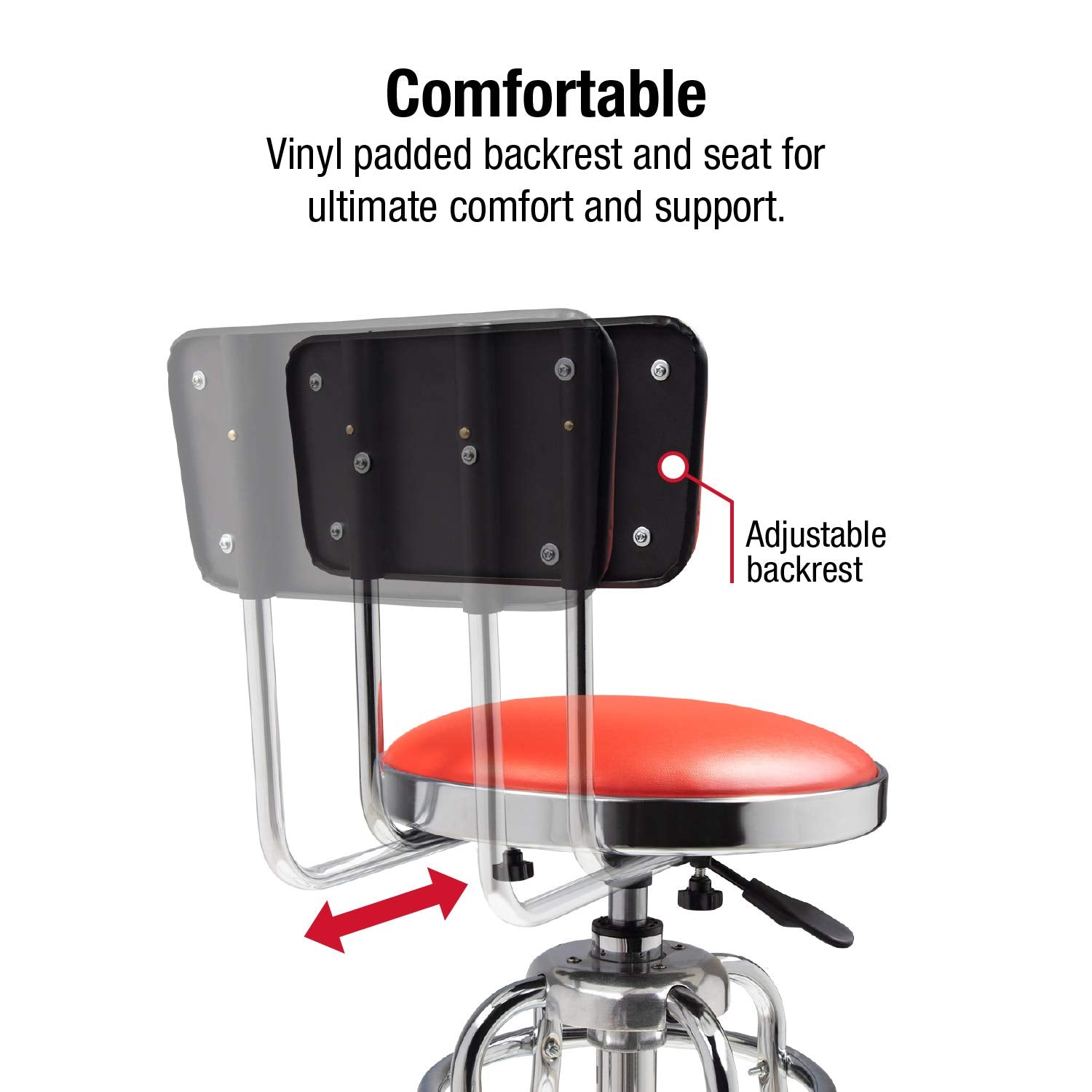 SUNEX TOOLS 8516 Hydraulic Shop Stool, High-Polished Chrome Finish, Hydraulic Seat Adjustment, Vinyl Padded Adjustable Seat and Backrest, Slip Sunex Tools