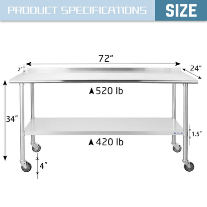 Hally Stainless Steel Table for Prep & Work 24 x 72 Inches with Caster Wheels, NSF Commercial Heavy Duty Table with Undershelf and Backsplash for - WoodArtSupply