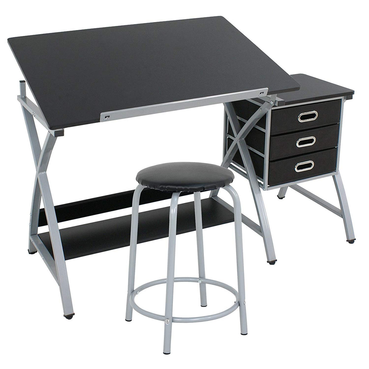 HomGarden Adjustable Drawing Desk Drafting Table Folding Art Craft Table Station w/Stool and 3 Storage Drawers HomGarden