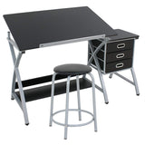HomGarden Adjustable Drawing Desk Drafting Table Folding Art Craft Table Station w/Stool and 3 Storage Drawers HomGarden