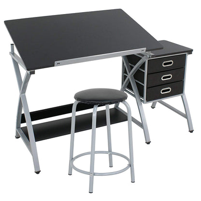 HomGarden Adjustable Drawing Desk Drafting Table Folding Art Craft Table Station w/Stool and 3 Storage Drawers