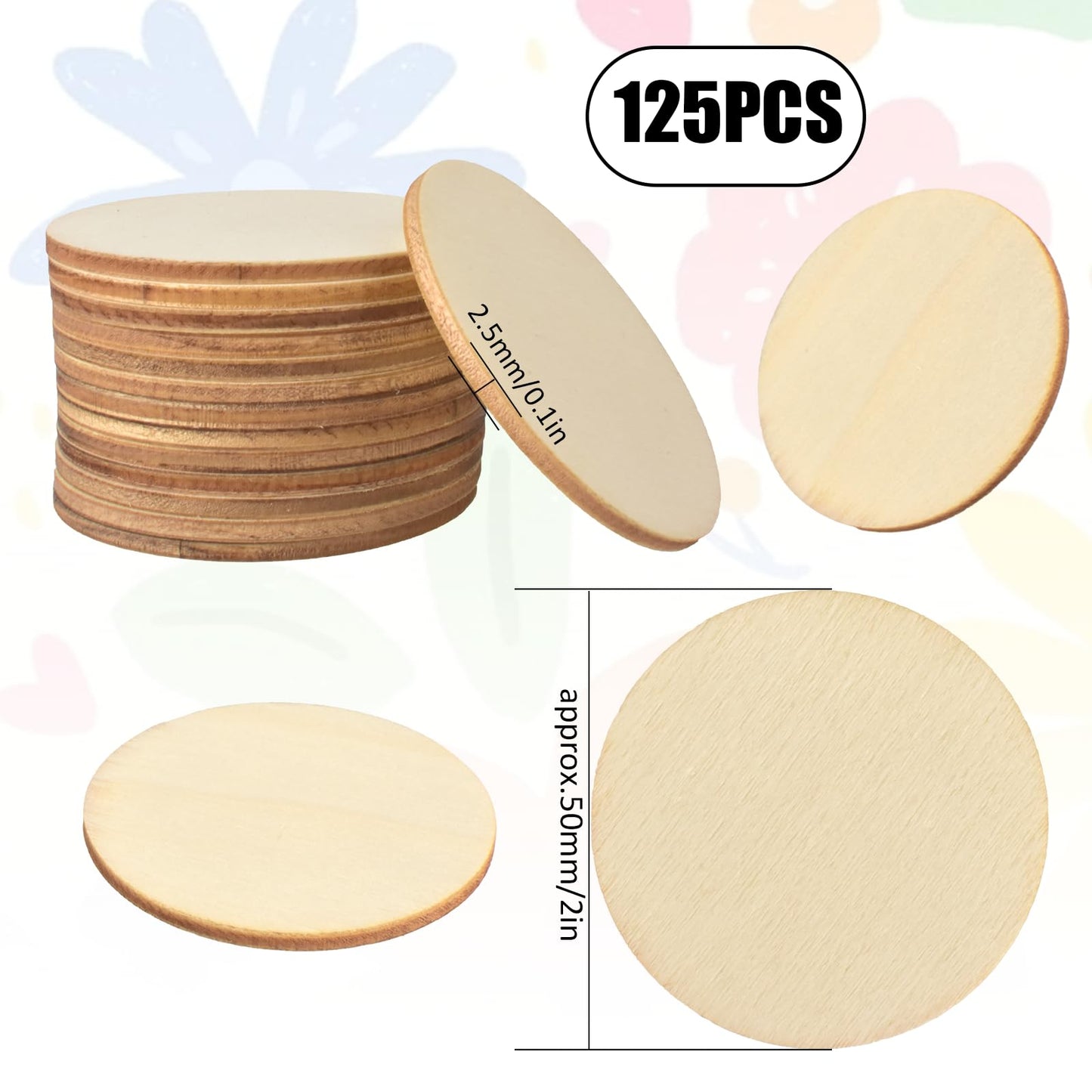 125 PCS Round Wooden Discs Unfinished Wooden Circles for Crafts Wood Rounds Wooden Circles Small Wooden Slices for DIY Wooden Christmas