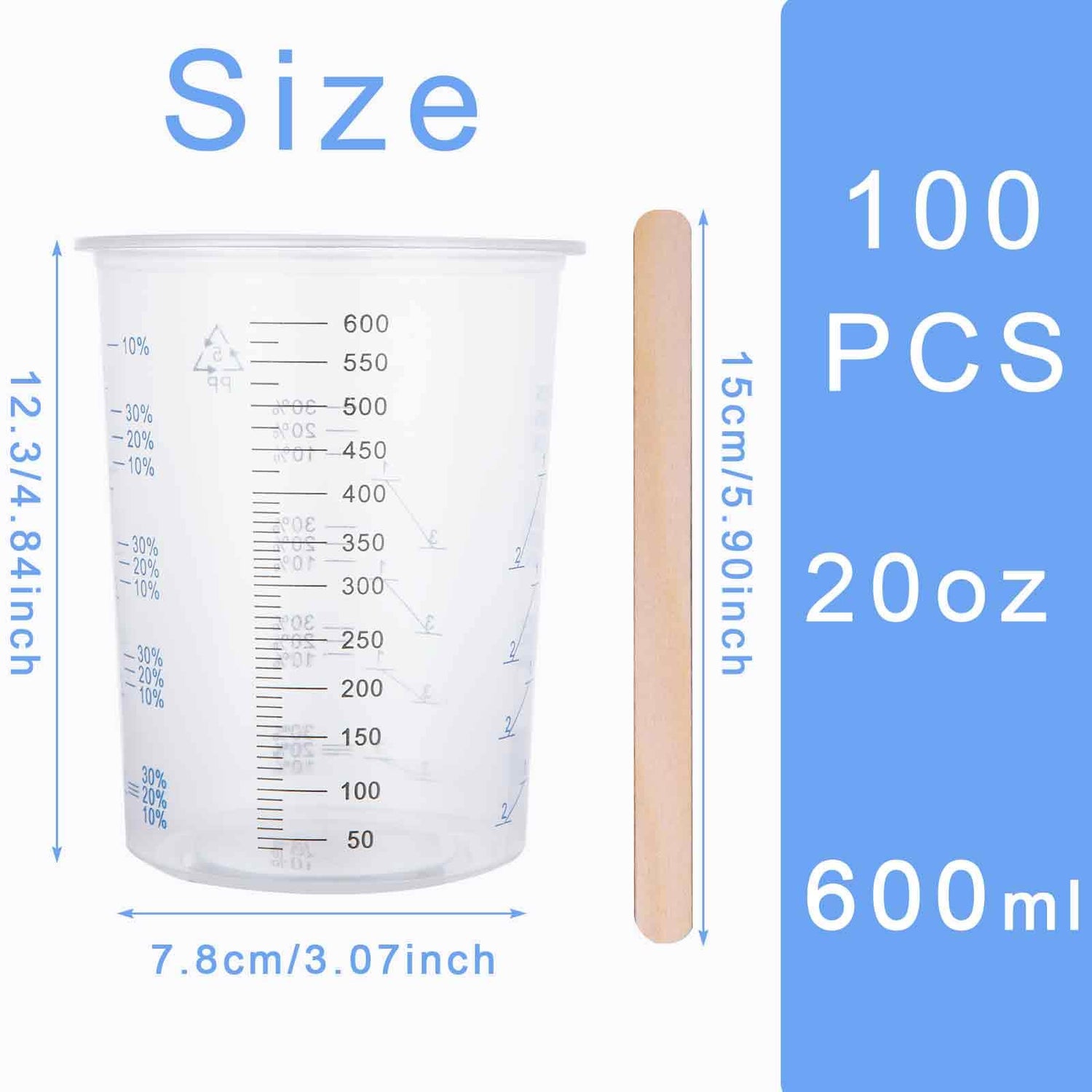 Oungy 100PCS Plastic Mixing Cups for Epoxy Resin 20oz(600ml) with 100pcs Mixing Sticks, Graduated Plastic Measuring Cups for Mixing Resin Painting Oungy