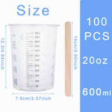 Oungy 100PCS Plastic Mixing Cups for Epoxy Resin 20oz(600ml) with 100pcs Mixing Sticks, Graduated Plastic Measuring Cups for Mixing Resin Painting Oungy