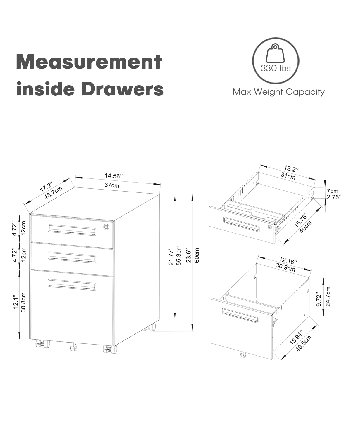 Dripex 3 Drawer File Cabinet, Mobile File Cabinet with Lock on Wheels, Letter/Legal Size, Fully Assembled, Modern Small Short Vertical Metal Rolling - WoodArtSupply