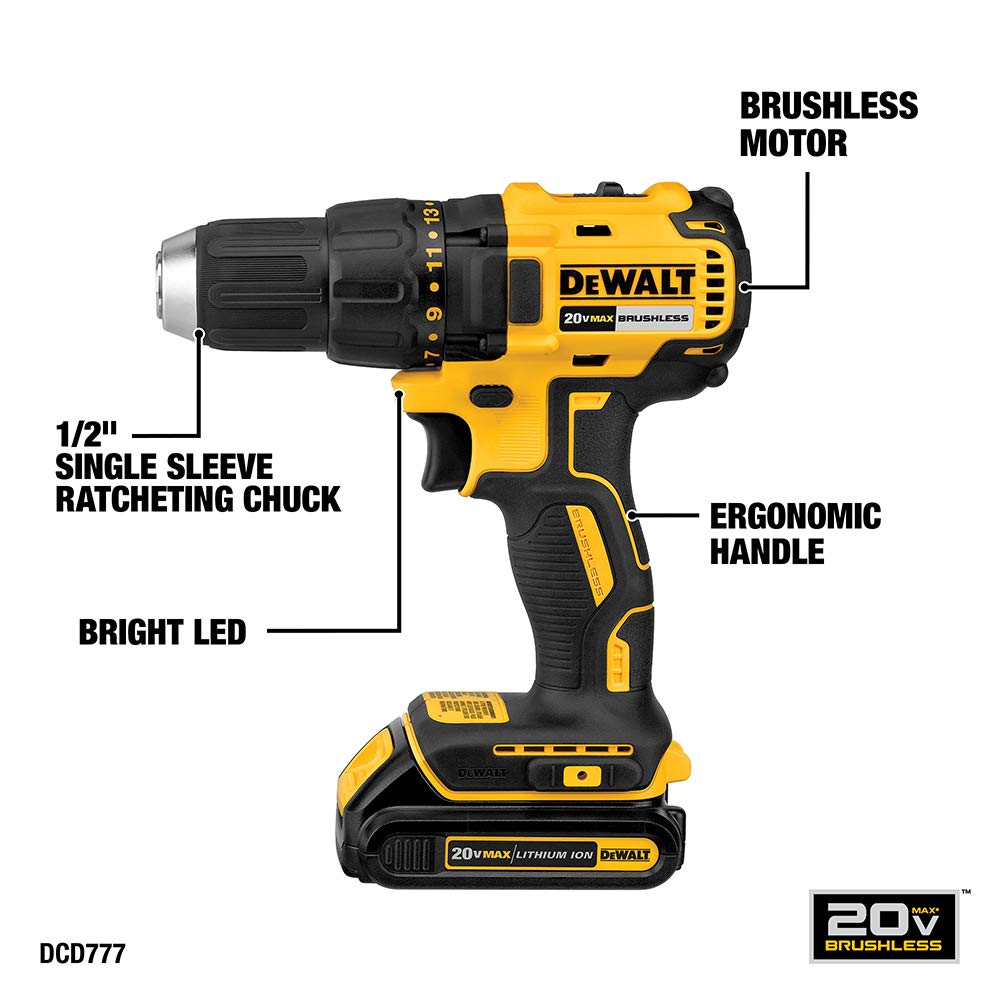 DEWALT 20V MAX* Cordless Drill / Driver Kit, Compact, Brushless (DCD777C2) DEWALT
