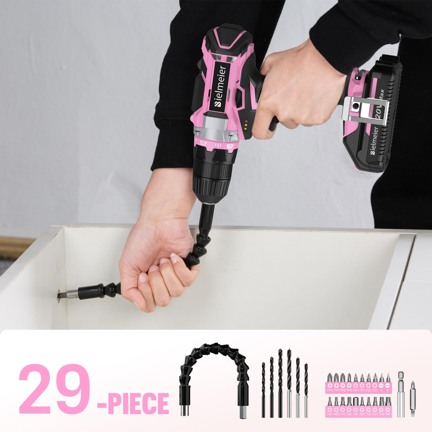 Bielmeier 20V Pink Cordless Drill Set with Lithium-Ion,Charger,3/8 inches Keyless Chuck.Drill Pink with Variable Speed,LED Work Light,29pcs Drill - WoodArtSupply