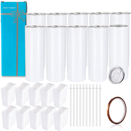 YOUKE OLA 10 Pack Sublimation Tumblers Bulk Straight Skinny Tumbler Blanks 20oz for Heat Transfer, Individual Gift Boxed, Double Wall Insulated YOUKE OLA