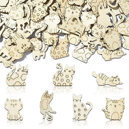 Stiesy 100 Pcs Assorted Pet Cat Unfinished Wood Cutouts Wooden Slice Pieces Ornaments for DIY Craft Home Decoration Supplies - WoodArtSupply