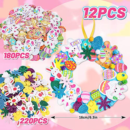 Whaline 12 Sets Easter Foam Stickers Easter Wreath Signs with 400Pcs Cute Bunny Egg Stickers, Rhinestone Sticker, 100Pcs Pom Balls and Yellow Ribbons - WoodArtSupply