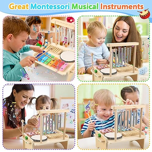 Kids Drum Set,Baby Musical Instrument for Toddler,Wooden Xylophone for Toddlers with Baby Drum Set and Wind Chime,Montessori Musical Instruments Toys - WoodArtSupply