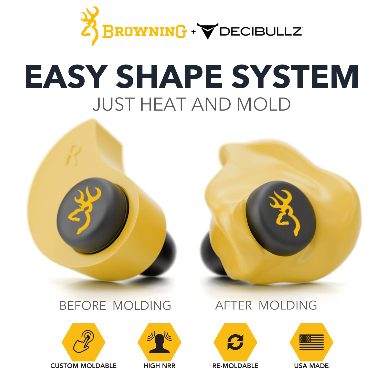 Browning Hearing Protection for Shooting by Decibullz Custom-Molded Earplugs, 31-Decibel Noise Reduction Rating (NRR), Includes Lanyard and Travel Decibullz