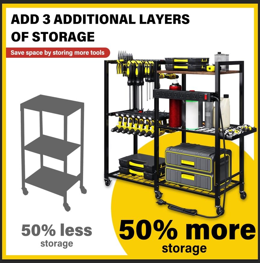 TC-HOMENY Power Tool Organizer Garage Storage with Charging Power Strip, 28 Drill Rack Tool Holder Racks Rolling Tool Cart on Wheels, Tool Shelf TC-HOMENY
