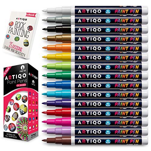 Fine Tip Paint pens for Rock Painting - Wood, Glass, Metal and Ceramic Works on Almost All Surfaces Set of 15 Vibrant oil based fine point paint ARTIQO