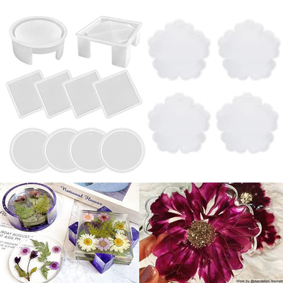 ResinWorld 4 Pack 4 inches Flower Coaster Molds (No Designs on Mold) + Upgrade 10 pcs Silicone Coaster Molds Kit Storage Box Mold