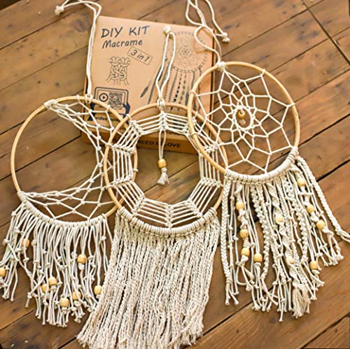 Mandala Life ART DIY Beginners Macrame Dream Catcher Kit - Set of 3 Wooden Rings Rope and Beads - Make Your Own Bohemian Wall Hanging -Hobby - WoodArtSupply