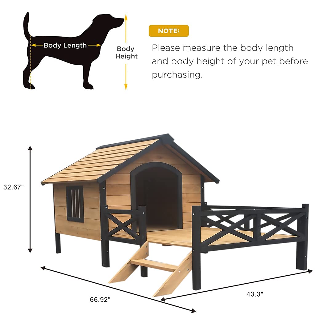 Wooden Large Dog House 43.3" L x 69.9" W x 32.7" H Extreme Outback Log Cabin Weatherproof Outdoor Pet Kennel, Cabin Style Elevated Pet Shelter