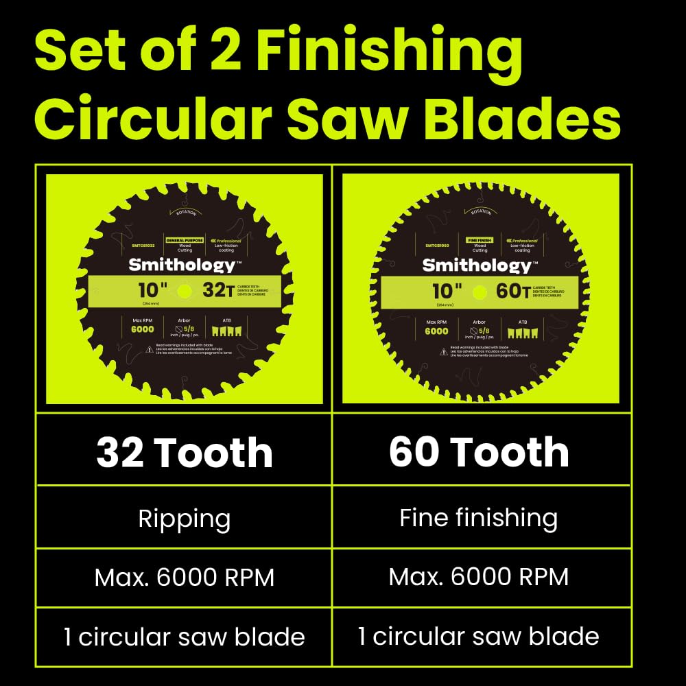 Smithology 10 Inch Table Saw Blades – 2 Pack | ATB 32 Tooth & 60 Tooth | Carbide Tipped | Thin Kerf | for Wood Crosscutting, Ultra Fine Finishing | Smithology