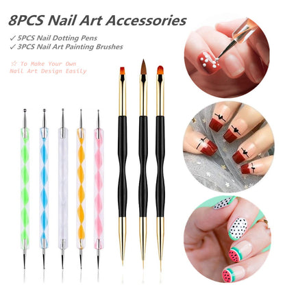 FULINJOY 5PCS Dotting Pens with 3 PCS Nail Painting Brushes, Double Ended Brush and Dotting Tool Kit, Nail Art Design Tools