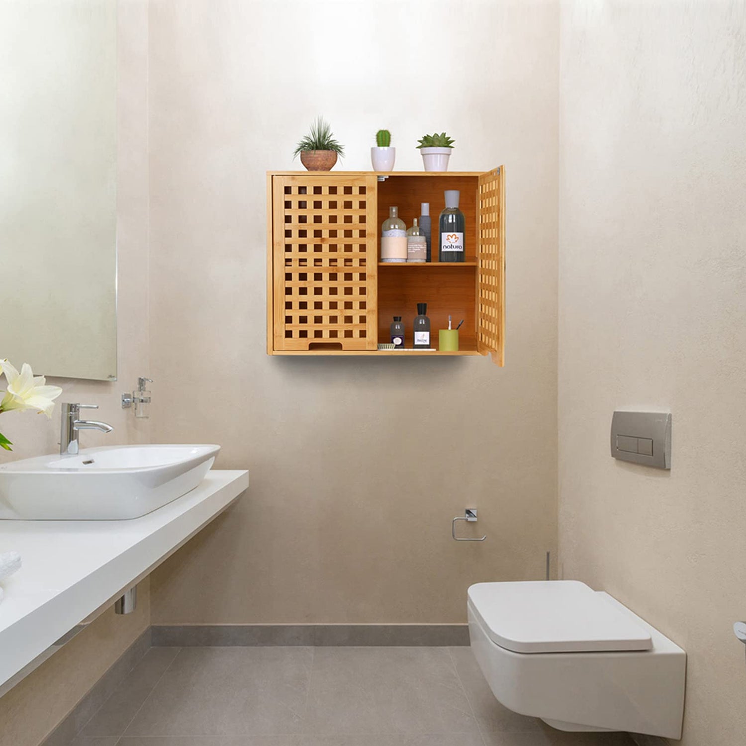 ZYBT Natural Bamboo Bathroom Wall Cabinet with Doors and Shelves, Over The Toilet Storage Solution ZYBT
