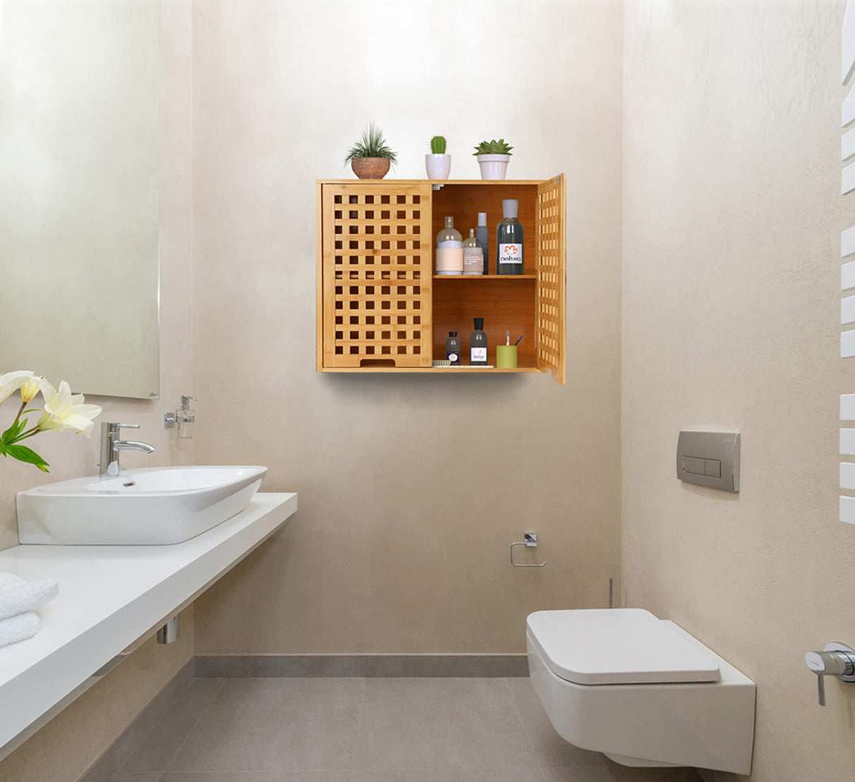 ZYBT Natural Bamboo Bathroom Wall Cabinet with Doors and Shelves, Over The Toilet Storage Solution ZYBT