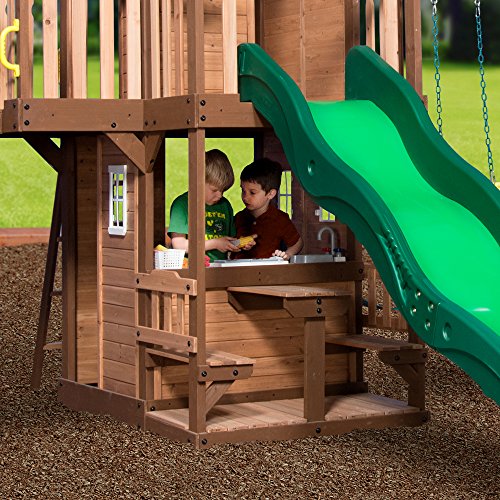 Backyard Discovery Mount Triumph All Cedar Swing Set, Covered Upper Clubhouse, Telescope, Steering Wheel, Lower Playhouse, Sink, Stove, Plastic Food,