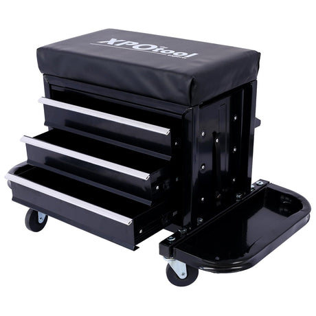 AMZOSS 3-Drawer Rolling Tool Chest Seat Garage Glider Mechanic Stool with Magnetic Side Trays, Heavy Duty Rolling Tool Box for Warehouse, Workshop, AMZOSS