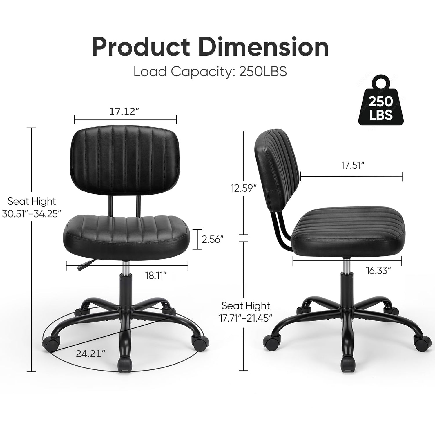 DUMOS Armless Home Office Chair Ergonomic Desk with Comfy Low Back Lumbar Support, Height Adjustable PU Leather Computer Task with 360° Swivel DUMOS