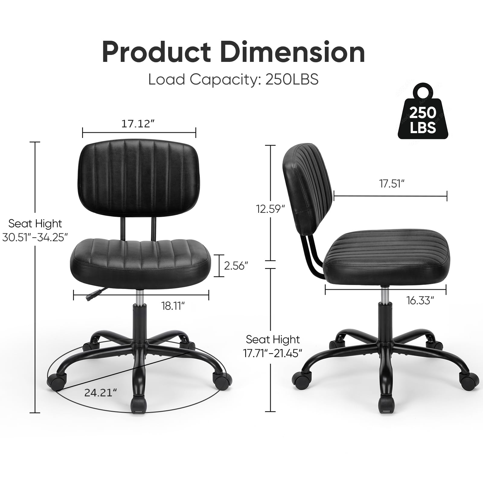 DUMOS Armless Home Office Chair Ergonomic Desk with Comfy Low Back Lumbar Support, Height Adjustable PU Leather Computer Task with 360° Swivel - WoodArtSupply