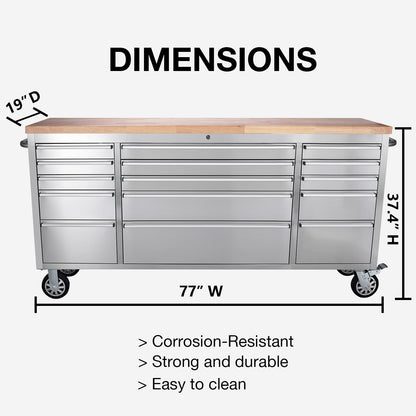 SINDA 72 Inch Tool Chest with Drawers and Wheels Mobile Workbench Garage Tool Storage Cabinet Large Rolling Lockable Tool Box with Wood Top,