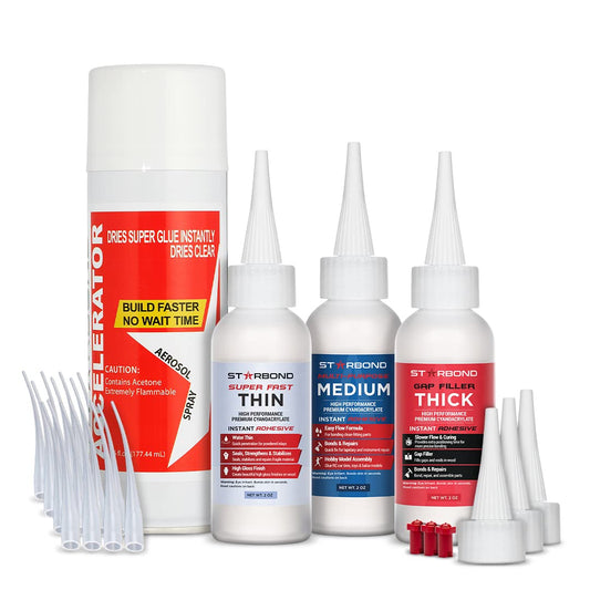 Starbond 2 oz. Thin, Medium, Thick CA Glue with 6 oz. Activator Bundle (Premium Cyanoacrylate Super Glue) for Quick Glue-ups. Woodworking, - WoodArtSupply