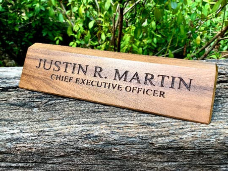 Engraved Business Card Holder, Desk Name Plate, Custom Name Sign, Personalized Wood Desk Name, Customized Walnut Desk Name, Executive Desk (8.5" Name Generic