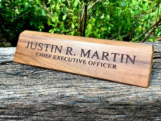 Engraved Business Card Holder, Desk Name Plate, Custom Name Sign, Personalized Wood Desk Name, Customized Walnut Desk Name, Executive Desk (8.5" Name - WoodArtSupply