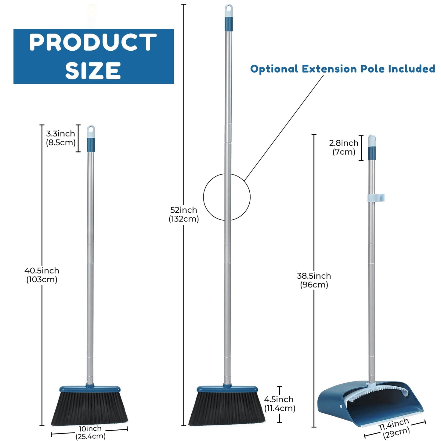 SONCAL Standing Dustpan and Broom Set with 52" Long Extendable Handle for Home, Indoor, Kitchen Room Office Lobby Floor Cleaning - WoodArtSupply