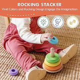 Tiny Land Montessori Toy Set for Babies 10-12 Months - 5-in-1 Wooden Learning Toys with Peg Drop Box, Rocking Stacker, Egg Cup, Canister Set, and Tiny Land