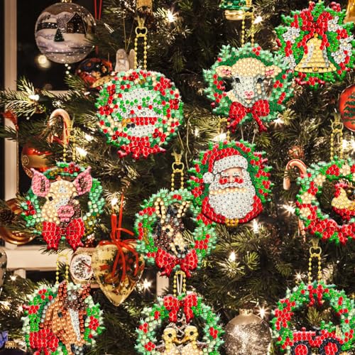 12 Pcs Christmas Diamond Painting Keychains Kit Double Sided DIY Cute Christmas Farm Animals Diamond Painting Keychains for Beginners Adults Art Demonwer