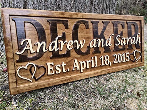 Personalized Wedding Gift Last Name Established Sign Family Name Signs Custom Wood Sign Carved Wood Sign 3D Hearts 5 Year Anniversary Gift