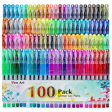 Glitter Gel Pens, 100 Color Glitter Pen Set for Making Cards, 30% More Ink Neon Glitter Gel Marker for Adult Coloring Books, Journaling Crafting Aen Art
