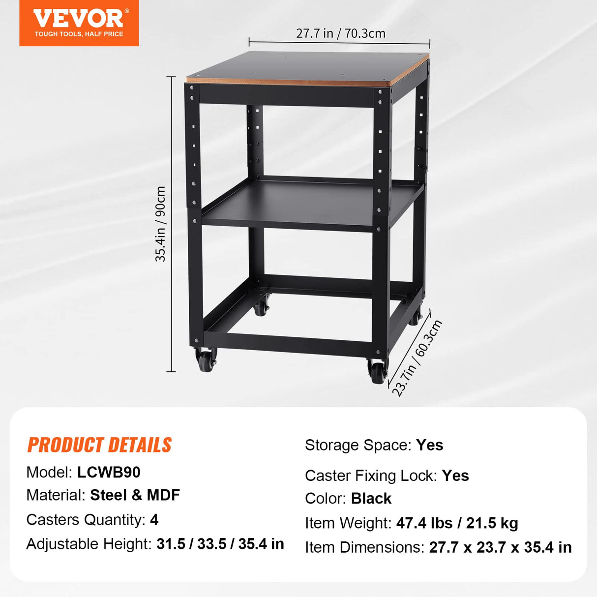 VEVOR Thickness Planer Stand, 100 lbs heavy loads, Three-Gear Height Adjustable Thickness Planer Table,with 4 Stable Casters & Storage Space, for VEVOR