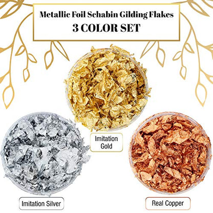 U.S. Art Supply Metallic Foil Schabin Gilding Metal Leaf Flakes 30 Gram Kit - Set of 3 Colors Imitation Gold and Silver, Copper in 10 Gram Bottles - - WoodArtSupply