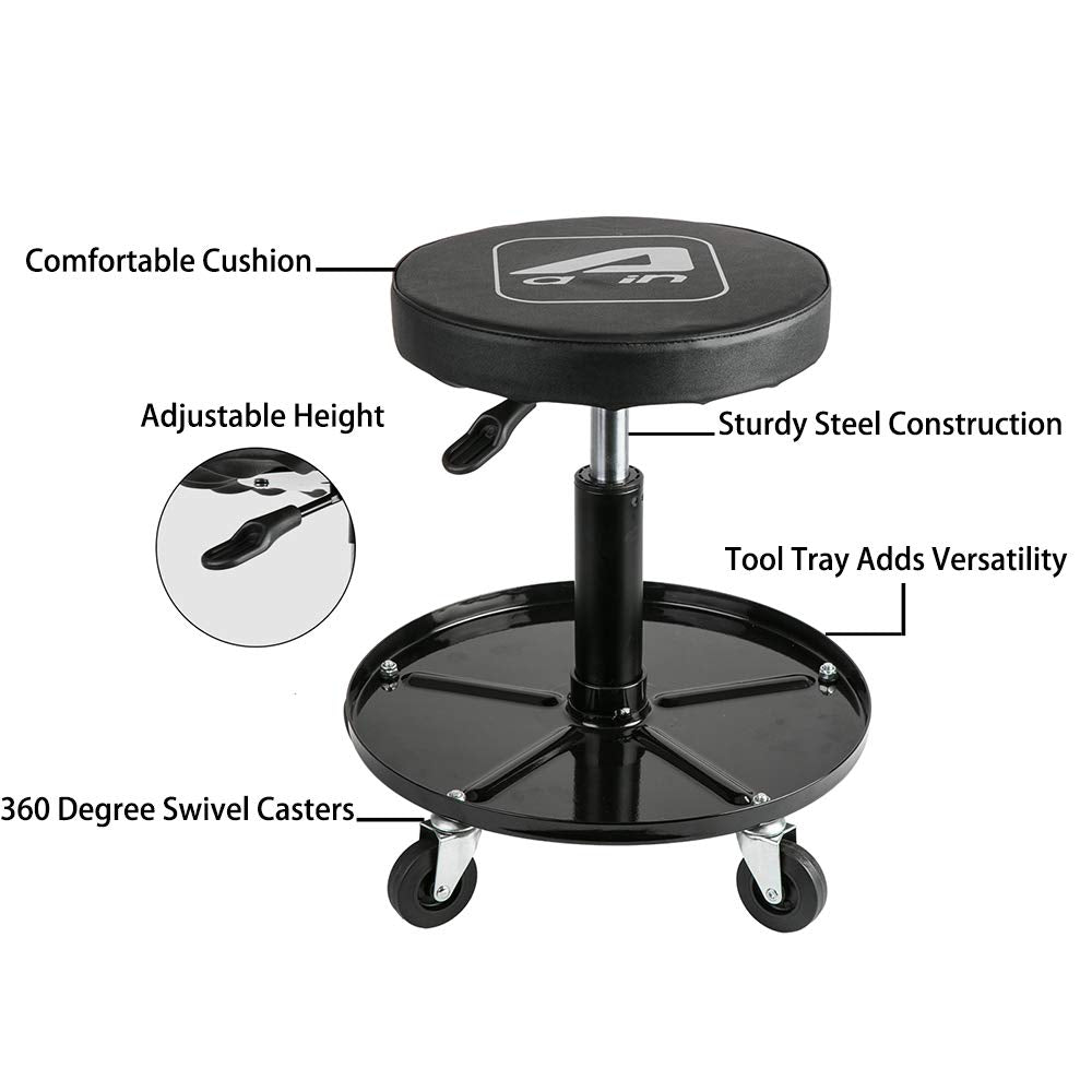 Aain® Adjustable Height Swivel Shop Seat with Tool Tray, Rolling Stool with Wheels/Casters For Garage Workshop and Auto Repair Shop(Black) - WoodArtSupply