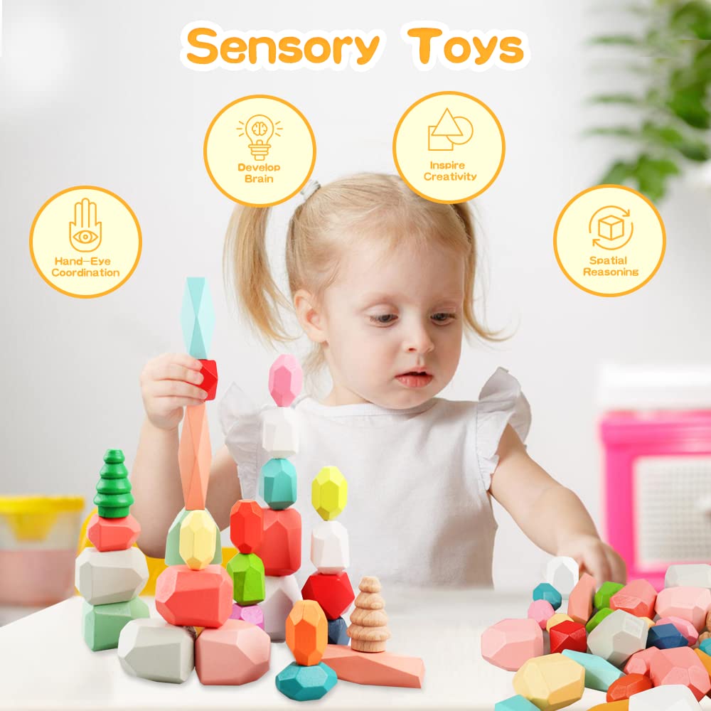 48PCS Wooden Stacking Building Blocks Montessori Toys for 1 2 3 4 5 6 Year Old Girls Boys Preschool Educational Sensory Toys for Toddlers 1-3 STEM BigShu