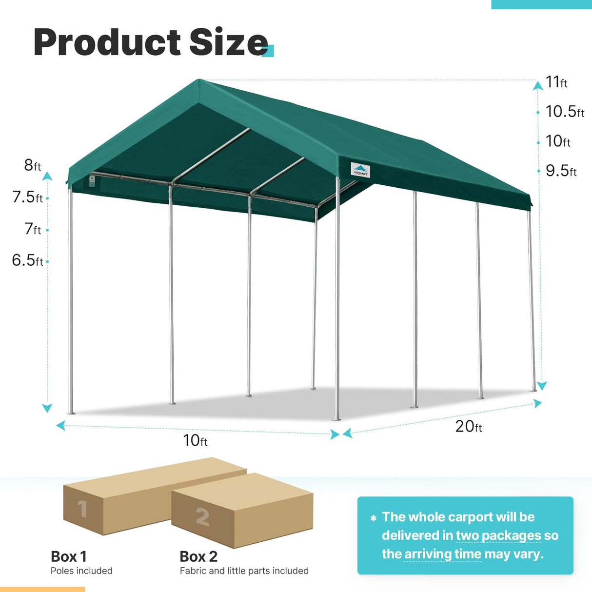 ADVANCE OUTDOOR Adjustable 10x20 ft Heavy Duty Carport Car Canopy Garage Boat Shelter Party Tent, Adjustable Peak Height from 9.5ft to 11ft, Green ADVANCE OUTDOOR