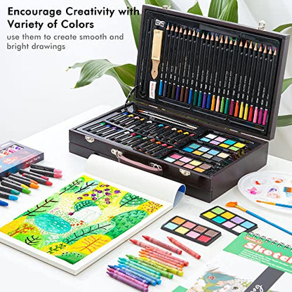 Shuttle Art 186 Piece Deluxe Art Set, Art Supplies in Wooden Case, Painting Drawing Art Kit with Acrylic Paint Pencils Oil Pastels Watercolor Cakes