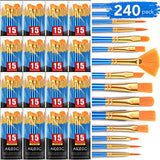 AROIC Acrylic Paint Brush Set, 240 pcs/ 16 PackNylon Hair Paint Brushes for All Purpose Oil Watercolor Face Body Rock Painting Artist, Small Paint AROIC