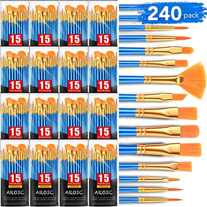 AROIC Acrylic Paint Brush Set, 240 pcs/ 16 PackNylon Hair Paint Brushes for All Purpose Oil Watercolor Face Body Rock Painting Artist, Small Paint - WoodArtSupply