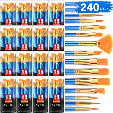 AROIC Acrylic Paint Brush Set, 240 pcs/ 16 PackNylon Hair Paint Brushes for All Purpose Oil Watercolor Face Body Rock Painting Artist, Small Paint AROIC