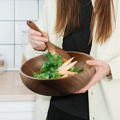 AOOSY Wooden Salad Bowls, Large Acacia Wood Salad Serving Bowl with Serving Tongs, 9.3" D x 2.8" H Round Bowls Set for Mixing Fruits Cereal Pasta - WoodArtSupply